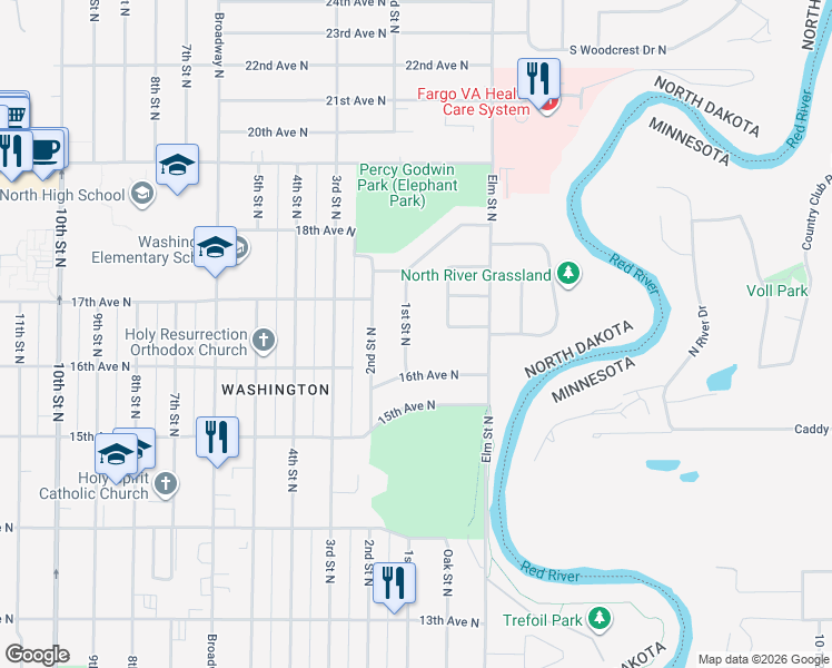 map of restaurants, bars, coffee shops, grocery stores, and more near 1629 1st Street North in Fargo