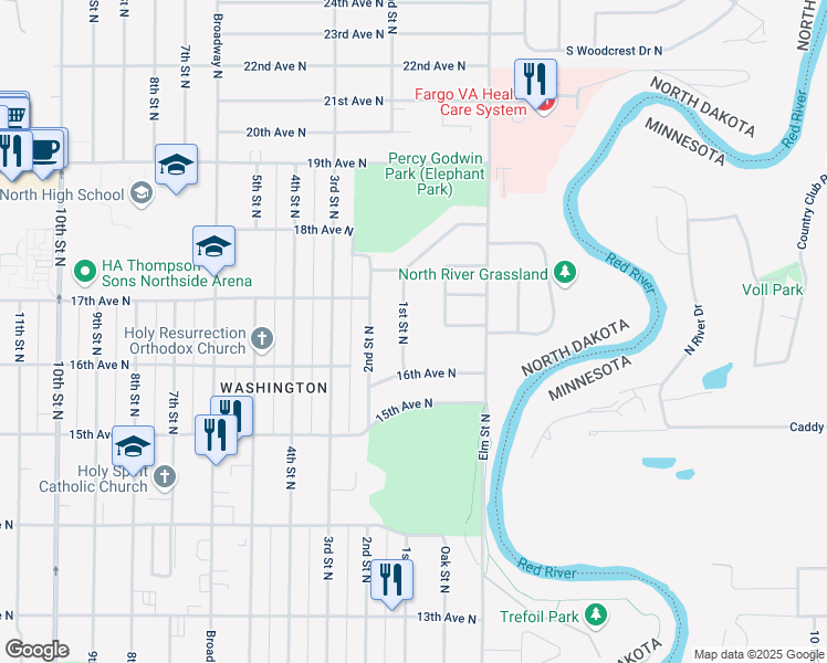 map of restaurants, bars, coffee shops, grocery stores, and more near 1629 1st Street North in Fargo