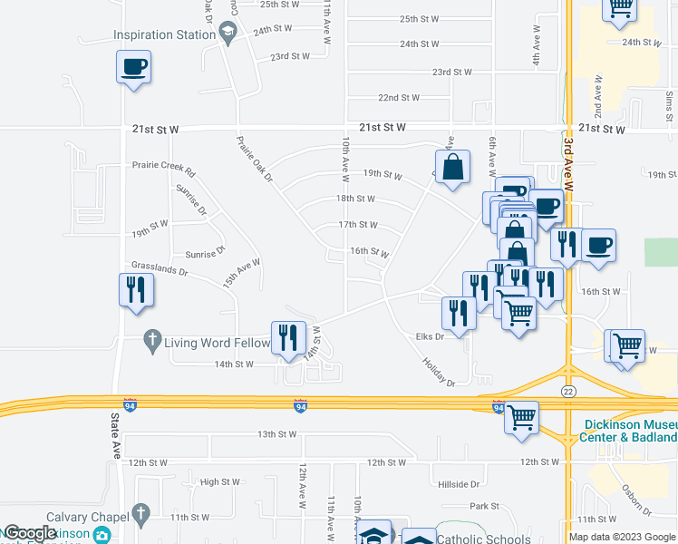 map of restaurants, bars, coffee shops, grocery stores, and more near 1573 10th Avenue West in Dickinson