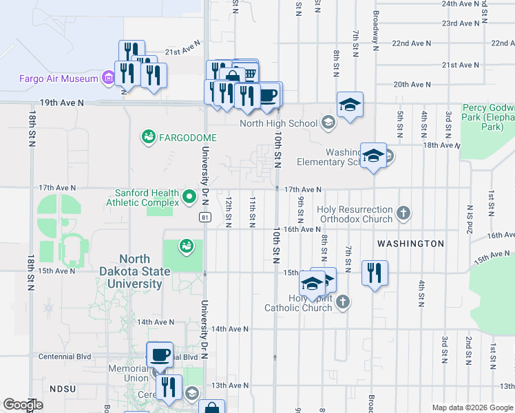 map of restaurants, bars, coffee shops, grocery stores, and more near 1629 11th Street North in Fargo