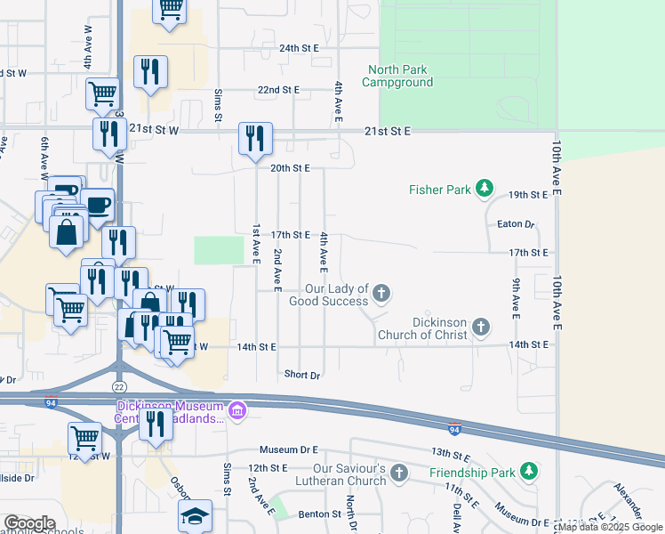 map of restaurants, bars, coffee shops, grocery stores, and more near 1585-1659 4th Avenue East in Dickinson