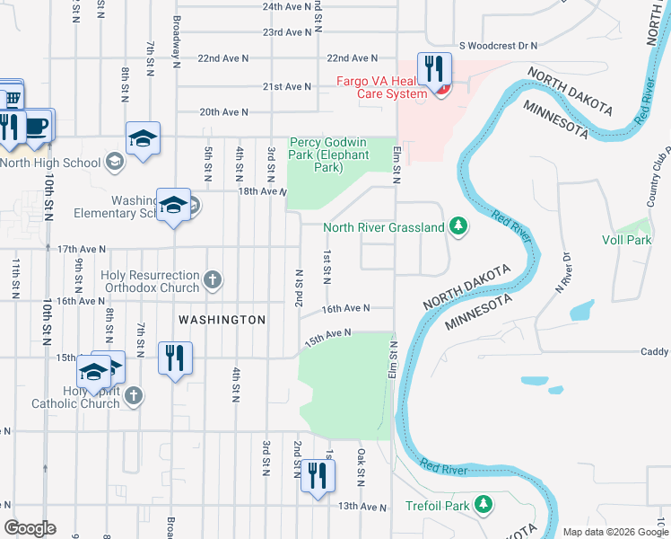 map of restaurants, bars, coffee shops, grocery stores, and more near 1629 1st Street North in Fargo
