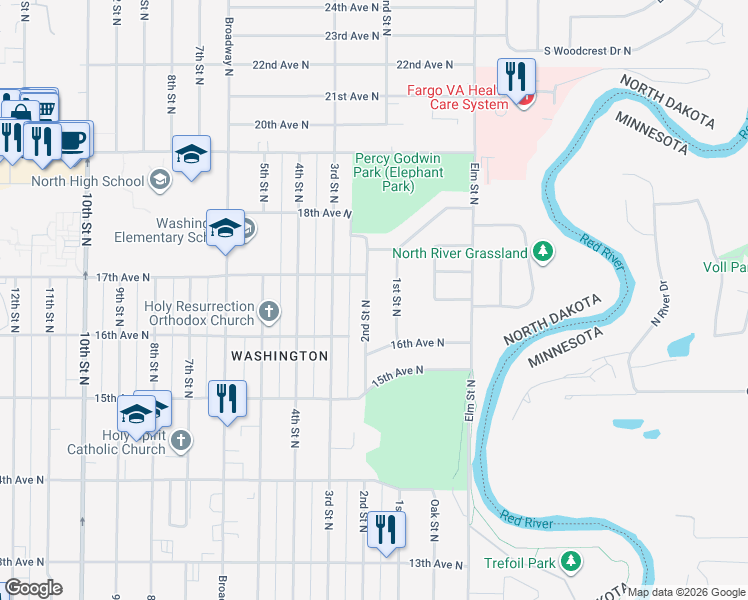 map of restaurants, bars, coffee shops, grocery stores, and more near 1633 2nd Street North in Fargo