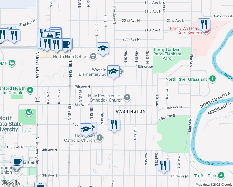 map of restaurants, bars, coffee shops, grocery stores, and more near 1629 Broadway North in Fargo