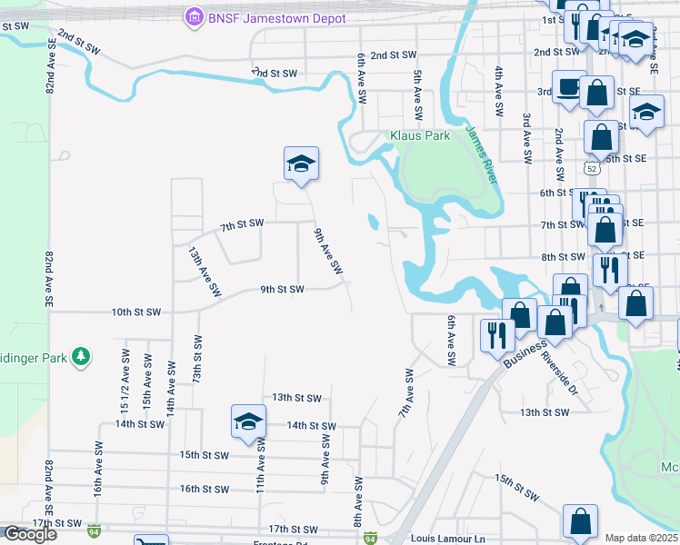 map of restaurants, bars, coffee shops, grocery stores, and more near 701-899 9th Ave SW in Jamestown