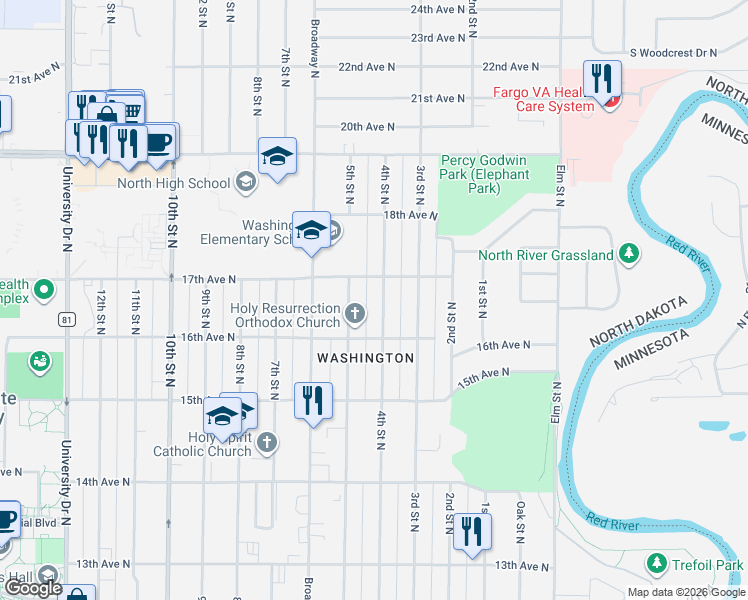 map of restaurants, bars, coffee shops, grocery stores, and more near 1630 4th St N in Fargo
