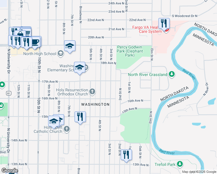 map of restaurants, bars, coffee shops, grocery stores, and more near 1622 3rd Street North in Fargo