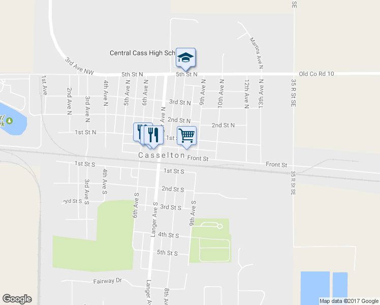map of restaurants, bars, coffee shops, grocery stores, and more near 830 Front Street in Casselton