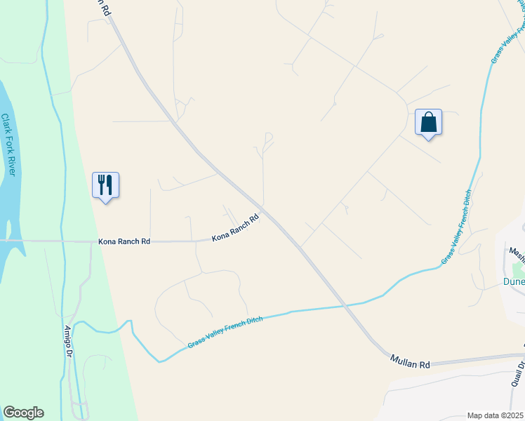 map of restaurants, bars, coffee shops, grocery stores, and more near 9901 Kona Ranch Road in Missoula