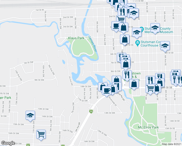 map of restaurants, bars, coffee shops, grocery stores, and more near 423 8th Street Southwest in Jamestown