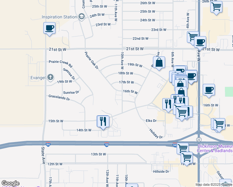map of restaurants, bars, coffee shops, grocery stores, and more near 1573 10th Avenue West in Dickinson