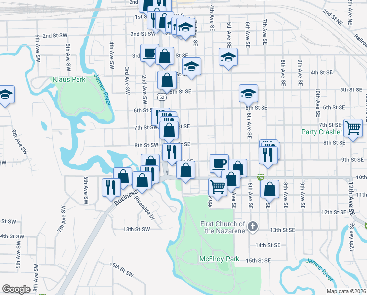 map of restaurants, bars, coffee shops, grocery stores, and more near 821 2nd Avenue Southeast in Jamestown
