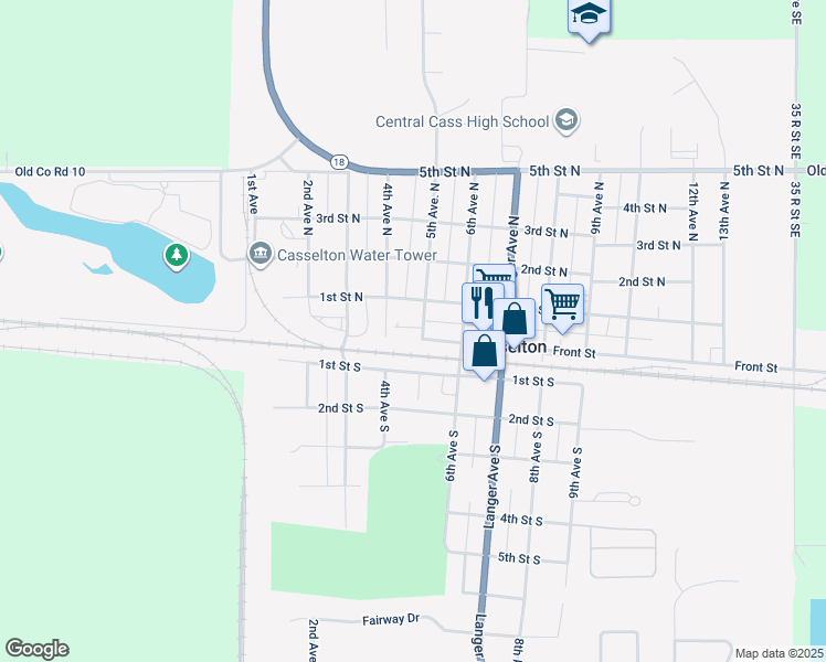 map of restaurants, bars, coffee shops, grocery stores, and more near 424 Front Street in Casselton