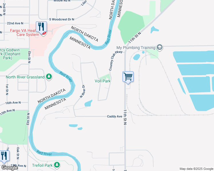 map of restaurants, bars, coffee shops, grocery stores, and more near 2505 Country Club Parkway in Moorhead