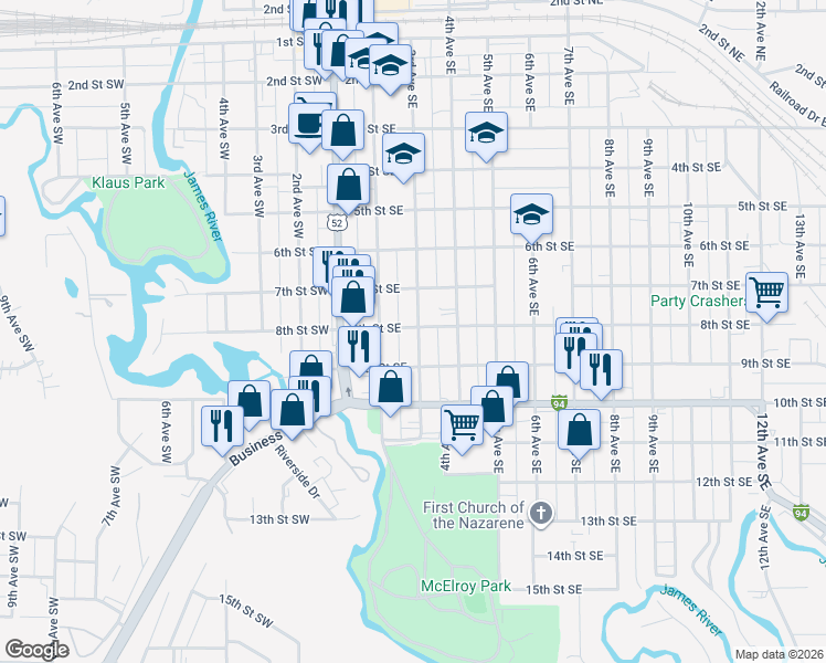 map of restaurants, bars, coffee shops, grocery stores, and more near 821 2nd Avenue Southeast in Jamestown