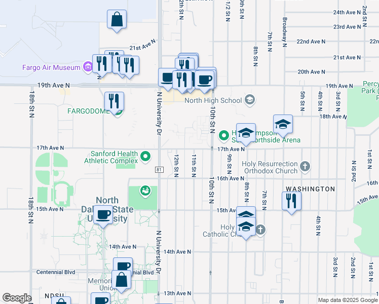 map of restaurants, bars, coffee shops, grocery stores, and more near 1629 11th Street North in Fargo