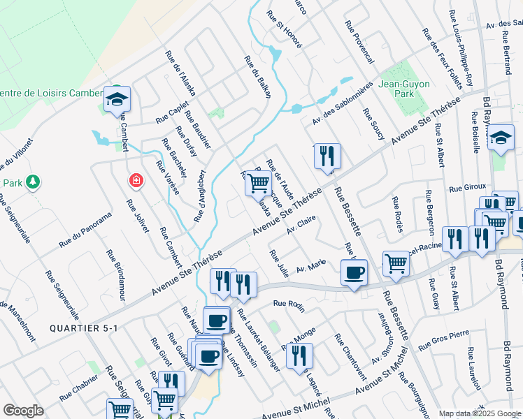 map of restaurants, bars, coffee shops, grocery stores, and more near 124 Rue de l'Alaska in Québec