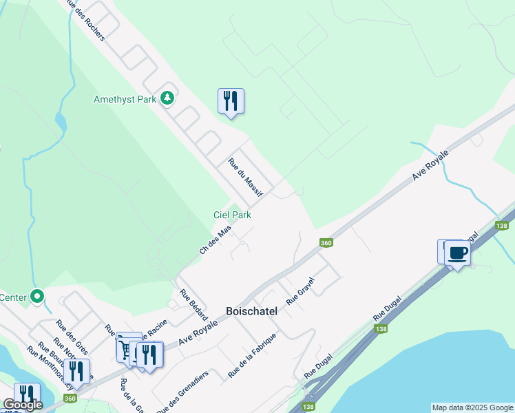map of restaurants, bars, coffee shops, grocery stores, and more near 412 Chemin des Mas in Boischatel