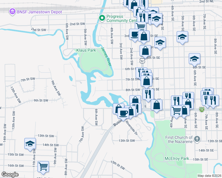 map of restaurants, bars, coffee shops, grocery stores, and more near 423 8th Street Southwest in Jamestown
