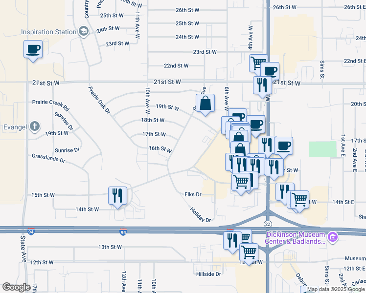 map of restaurants, bars, coffee shops, grocery stores, and more near 1597 6th Avenue West in Dickinson