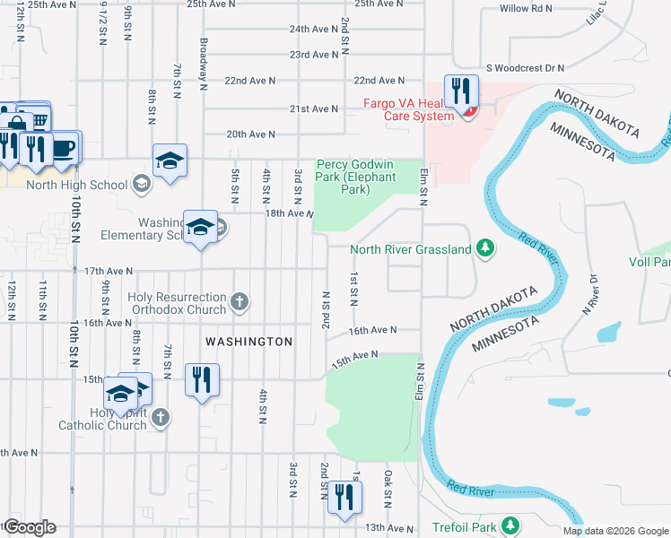 map of restaurants, bars, coffee shops, grocery stores, and more near 1633 2nd St N in Fargo