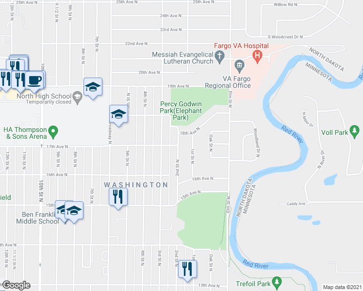 map of restaurants, bars, coffee shops, grocery stores, and more near 1633 2nd St N in Fargo