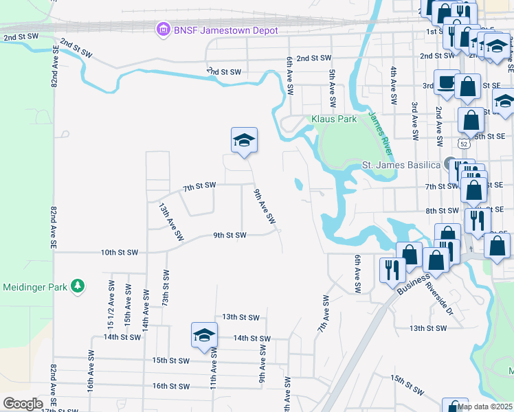 map of restaurants, bars, coffee shops, grocery stores, and more near 700-898 9th Ave SW in Jamestown