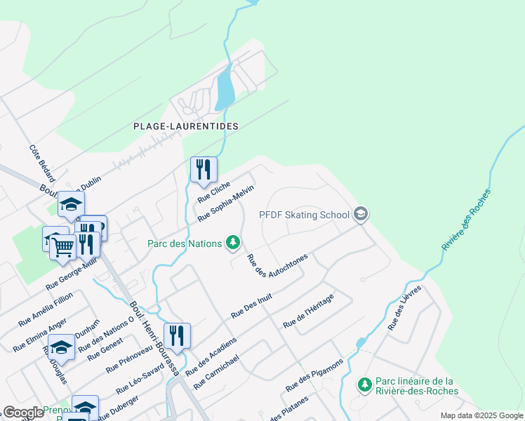 map of restaurants, bars, coffee shops, grocery stores, and more near 216 Rue des Mauriciens in Québec