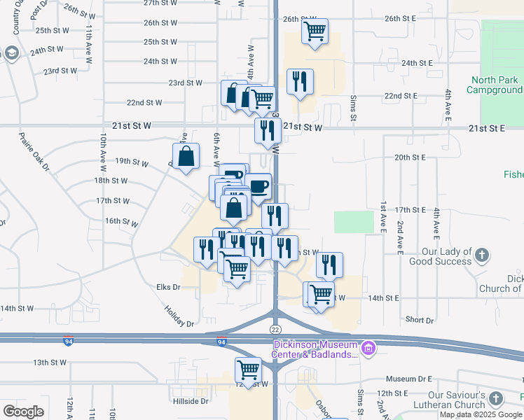 map of restaurants, bars, coffee shops, grocery stores, and more near 323 18th Street West in Dickinson