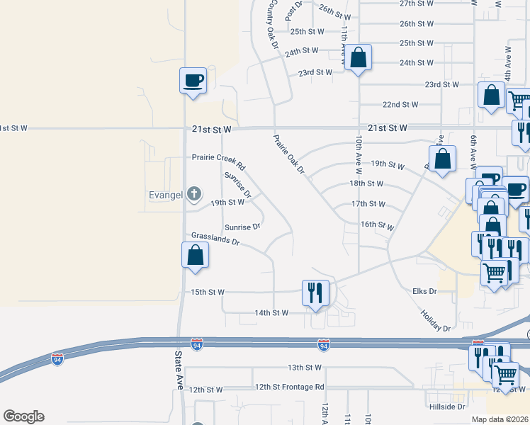 map of restaurants, bars, coffee shops, grocery stores, and more near 1672 15th Avenue West in Dickinson