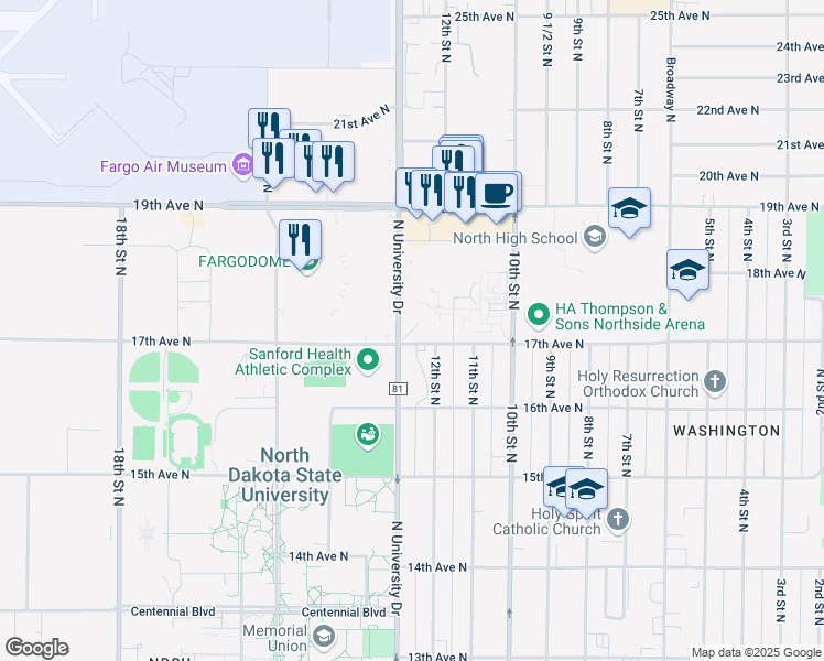 map of restaurants, bars, coffee shops, grocery stores, and more near 1701-1799 N University Dr in Fargo