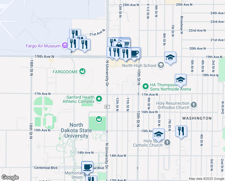 map of restaurants, bars, coffee shops, grocery stores, and more near 1701 North University Drive in Fargo