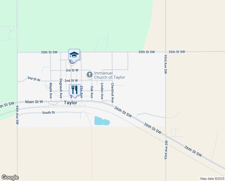 map of restaurants, bars, coffee shops, grocery stores, and more near 109 1st Street East in Taylor