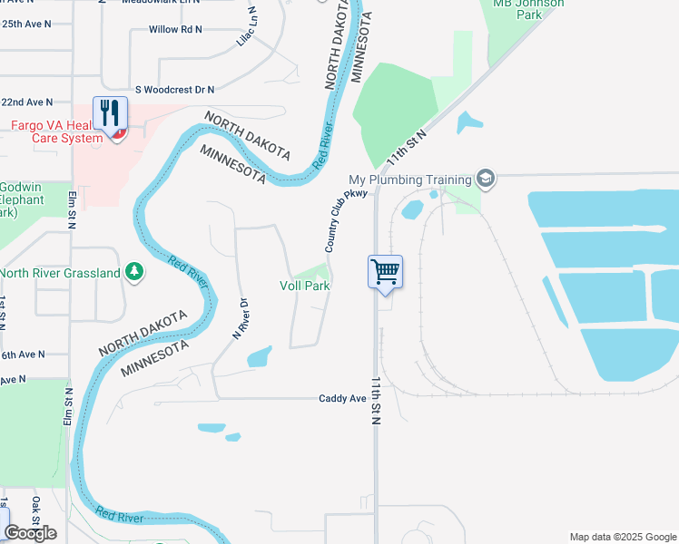 map of restaurants, bars, coffee shops, grocery stores, and more near 2518 Country Club Parkway in Moorhead