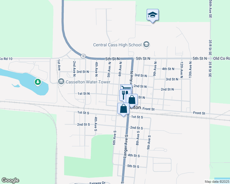 map of restaurants, bars, coffee shops, grocery stores, and more near 112 6th Avenue North in Casselton