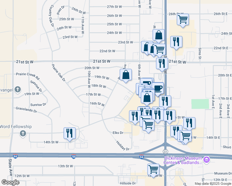 map of restaurants, bars, coffee shops, grocery stores, and more near 1814 Prairie Avenue in Dickinson