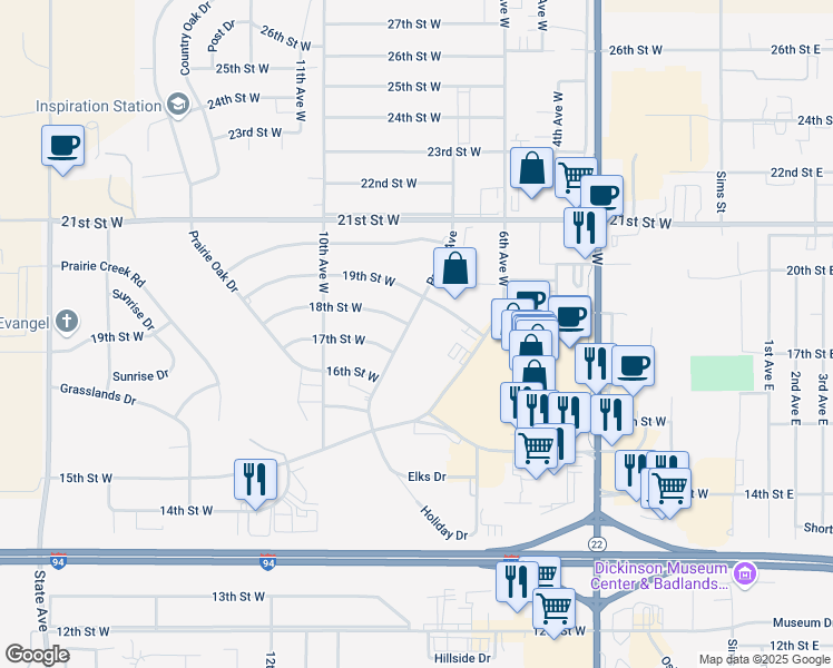 map of restaurants, bars, coffee shops, grocery stores, and more near 1814 Prairie Avenue in Dickinson