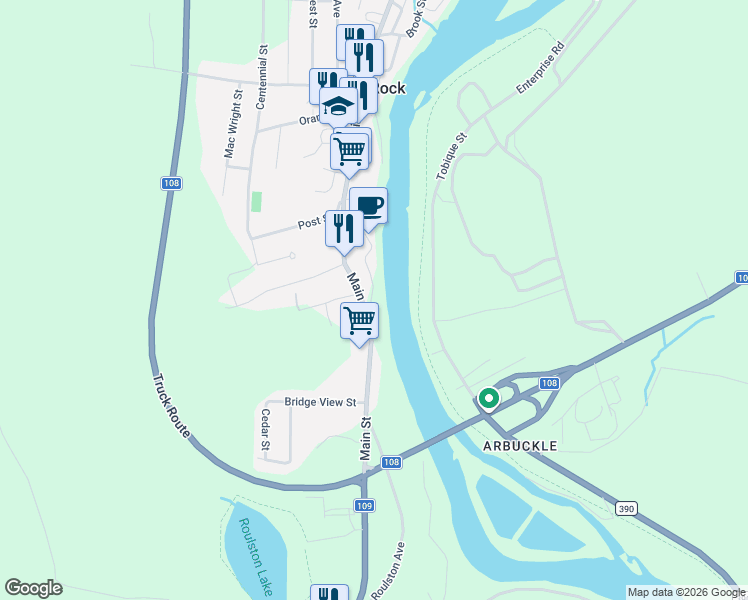 map of restaurants, bars, coffee shops, grocery stores, and more near 26 Riverside Drive in Plaster Rock