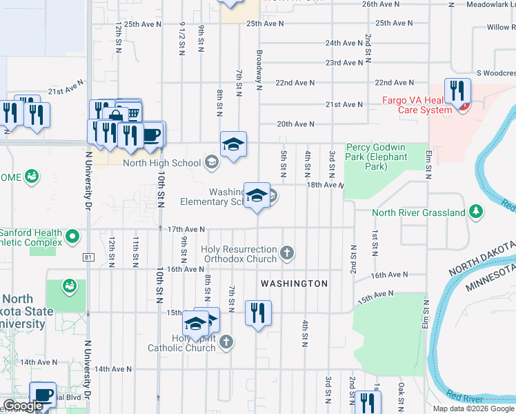 map of restaurants, bars, coffee shops, grocery stores, and more near 1700 Broadway North in Fargo