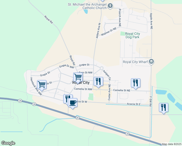 map of restaurants, bars, coffee shops, grocery stores, and more near 119 Fern Street Northwest in Royal City