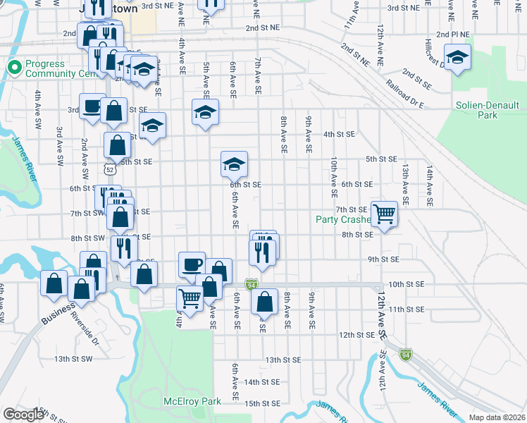 map of restaurants, bars, coffee shops, grocery stores, and more near 700-748 7th Street Southeast in Jamestown