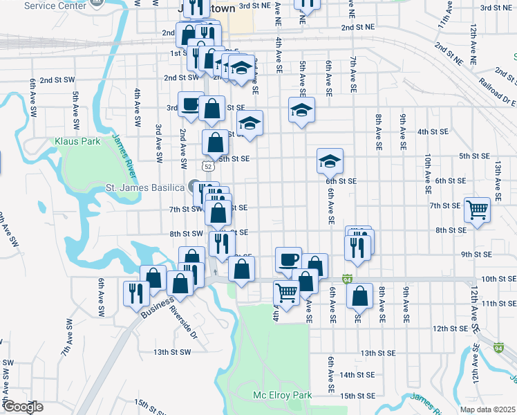 map of restaurants, bars, coffee shops, grocery stores, and more near 300 7th Street Southeast in Jamestown