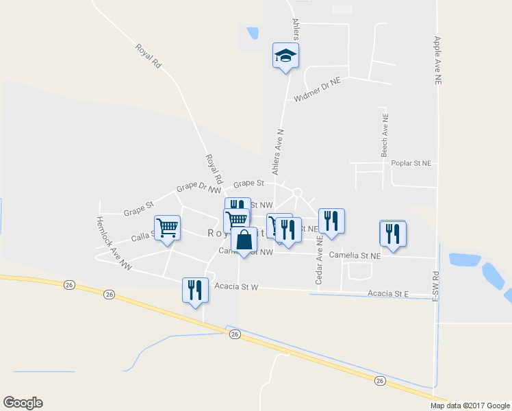 map of restaurants, bars, coffee shops, grocery stores, and more near 119 Fern Street Northwest in Royal City