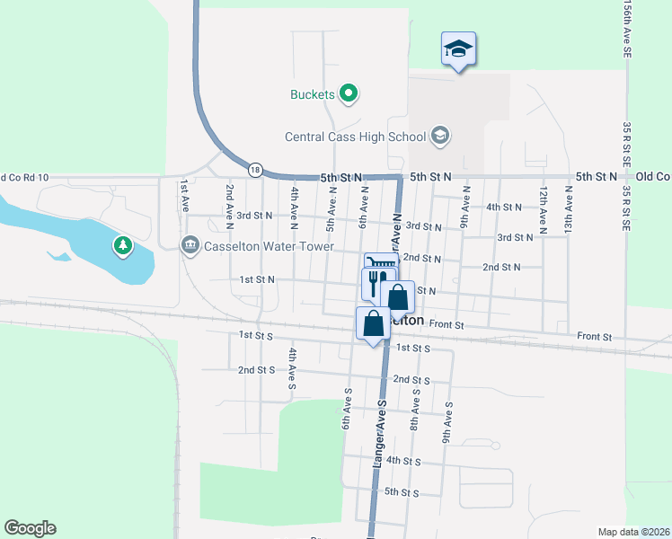 map of restaurants, bars, coffee shops, grocery stores, and more near 112 6th Avenue North in Casselton