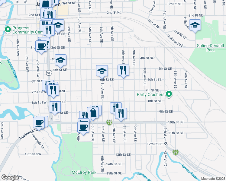 map of restaurants, bars, coffee shops, grocery stores, and more near 700 7th Street Southeast in Jamestown