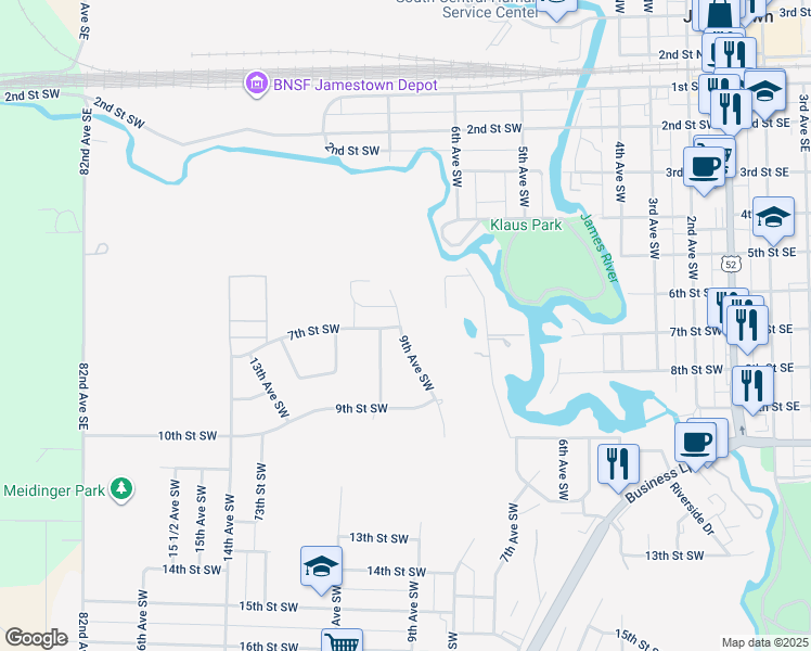 map of restaurants, bars, coffee shops, grocery stores, and more near 701 9th Avenue Southwest in Jamestown