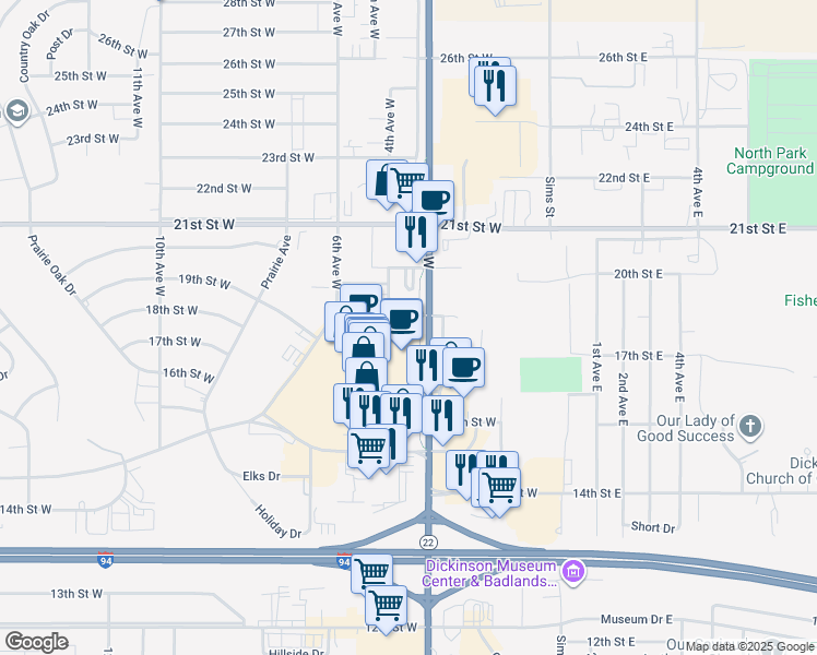 map of restaurants, bars, coffee shops, grocery stores, and more near 323 18th Street West in Dickinson
