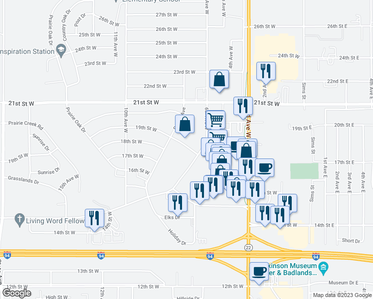 map of restaurants, bars, coffee shops, grocery stores, and more near 679 19th Street West in Dickinson