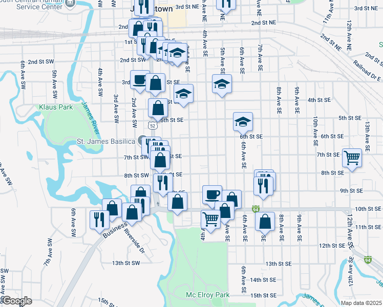 map of restaurants, bars, coffee shops, grocery stores, and more near 300 7th Street Southeast in Jamestown