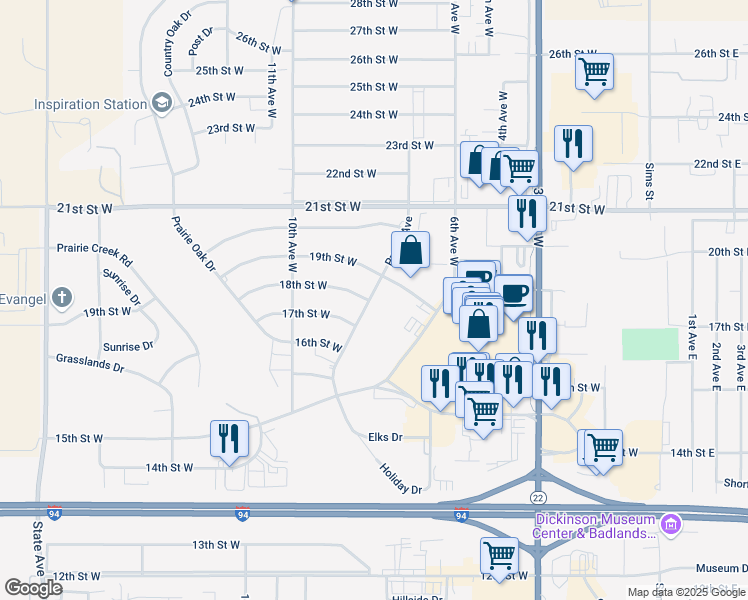 map of restaurants, bars, coffee shops, grocery stores, and more near 1814 Prairie Avenue in Dickinson